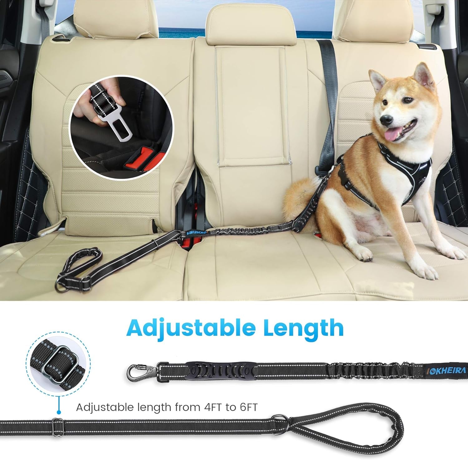 6Ft /4Ft Dog Leash Rope for Large Dogs, Heavy Duty with Comfortable Padded Handle and Highly Reflective Threads,4-In-1 Multifunctional Dog Leashes with Car Seat Belt for Training (Black)