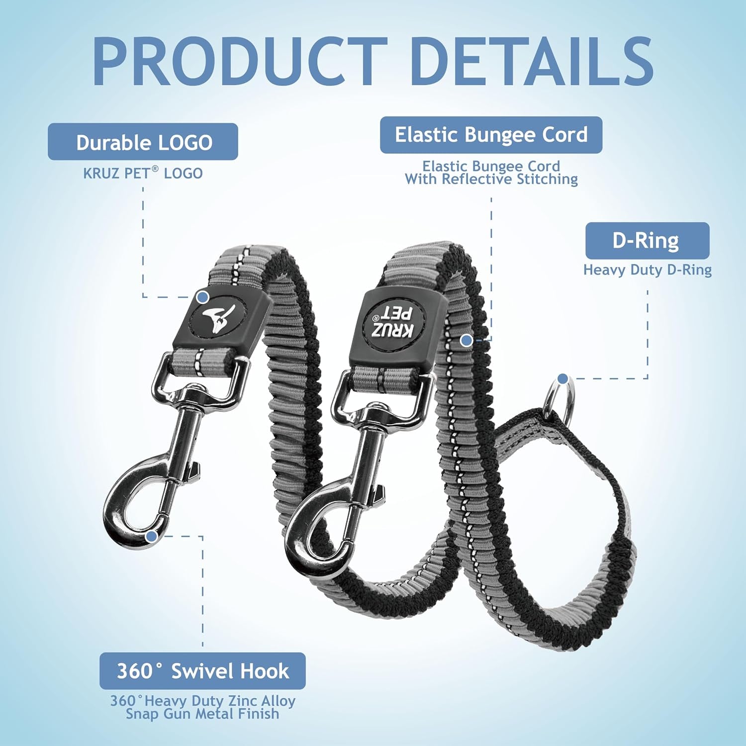 Kruz Double Dog Leash for Two Dogs (Width - 3/4”, Length 17”-34”) Dual Leash Coupler with Tangle-Free Swivel, Shock-Absorbing Reflective Bungee for Comfortable Walking & Training (Gray, Medium)