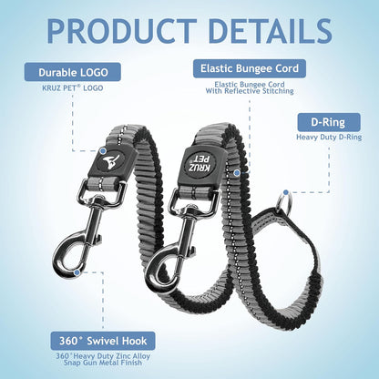 Kruz Double Dog Leash for Two Dogs (Width - 3/4”, Length 17”-34”) Dual Leash Coupler with Tangle-Free Swivel, Shock-Absorbing Reflective Bungee for Comfortable Walking & Training (Gray, Medium)