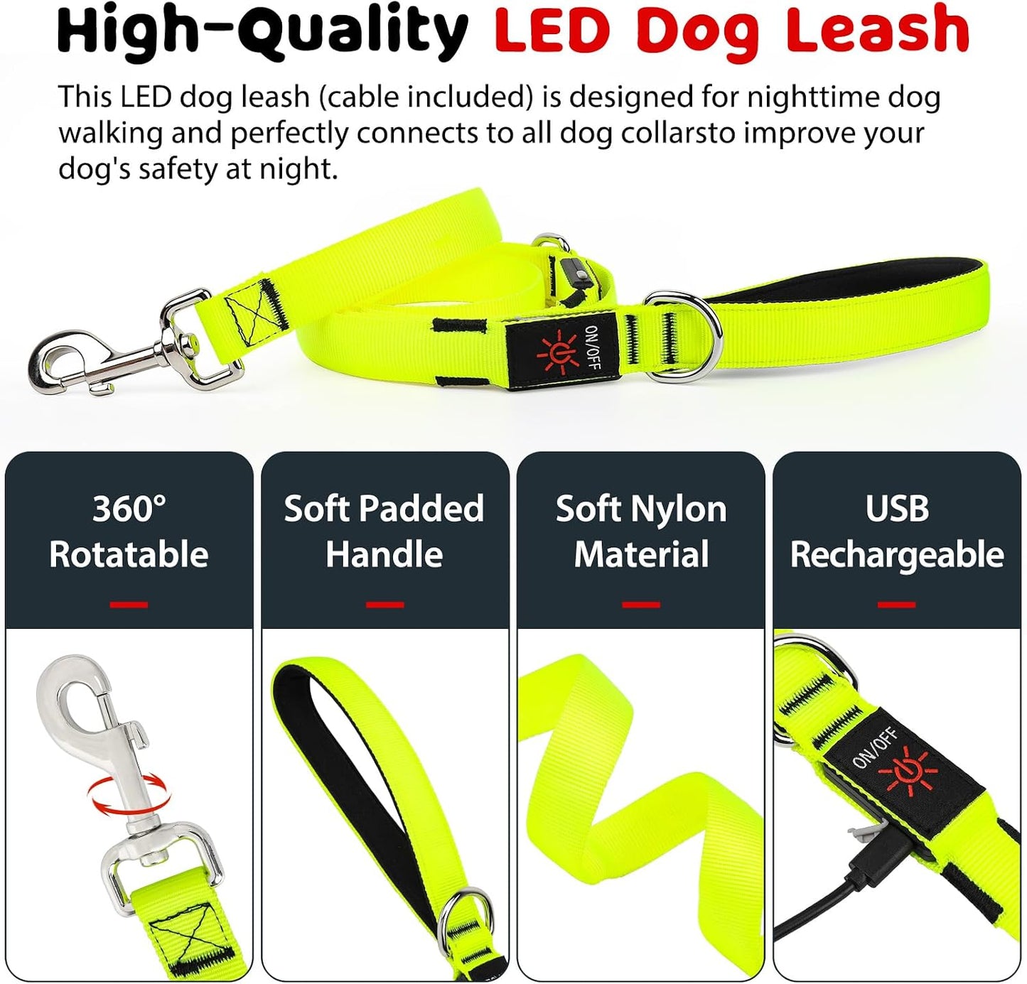 LED Dog Leash 6 Feet Micro USB Rechargeable Nylon Webbing Glow Safety Standard Dog Leash (Green)