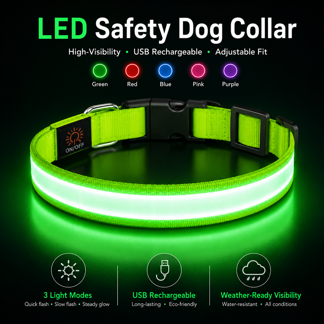 Rechargeable LED Dog Collar - Super Bright Safety Glow for Night Walks (Small, Green)