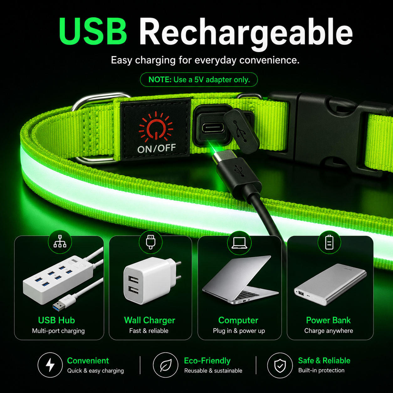 Rechargeable LED Dog Collar - Super Bright Safety Glow for Night Walks (Small, Green)