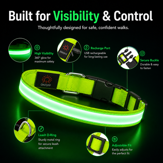 Rechargeable LED Dog Collar - Super Bright Safety Glow for Night Walks (Small, Green)
