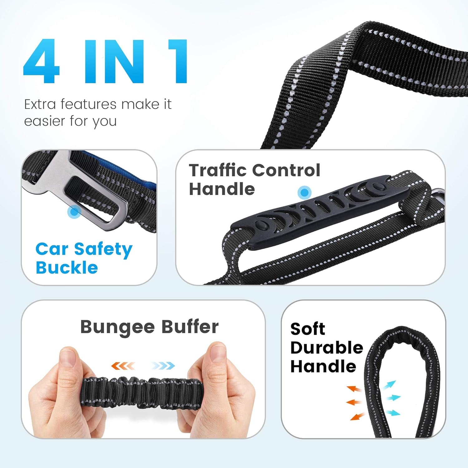 6Ft /4Ft Dog Leash Rope for Large Dogs, Heavy Duty with Comfortable Padded Handle and Highly Reflective Threads,4-In-1 Multifunctional Dog Leashes with Car Seat Belt for Training (Black)